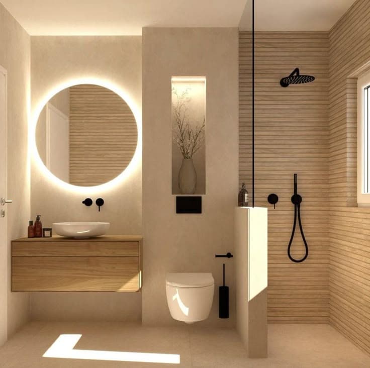 Compact bathroom with bright tiles and clever storage