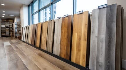 Selection of laminate flooring samples being reviewed