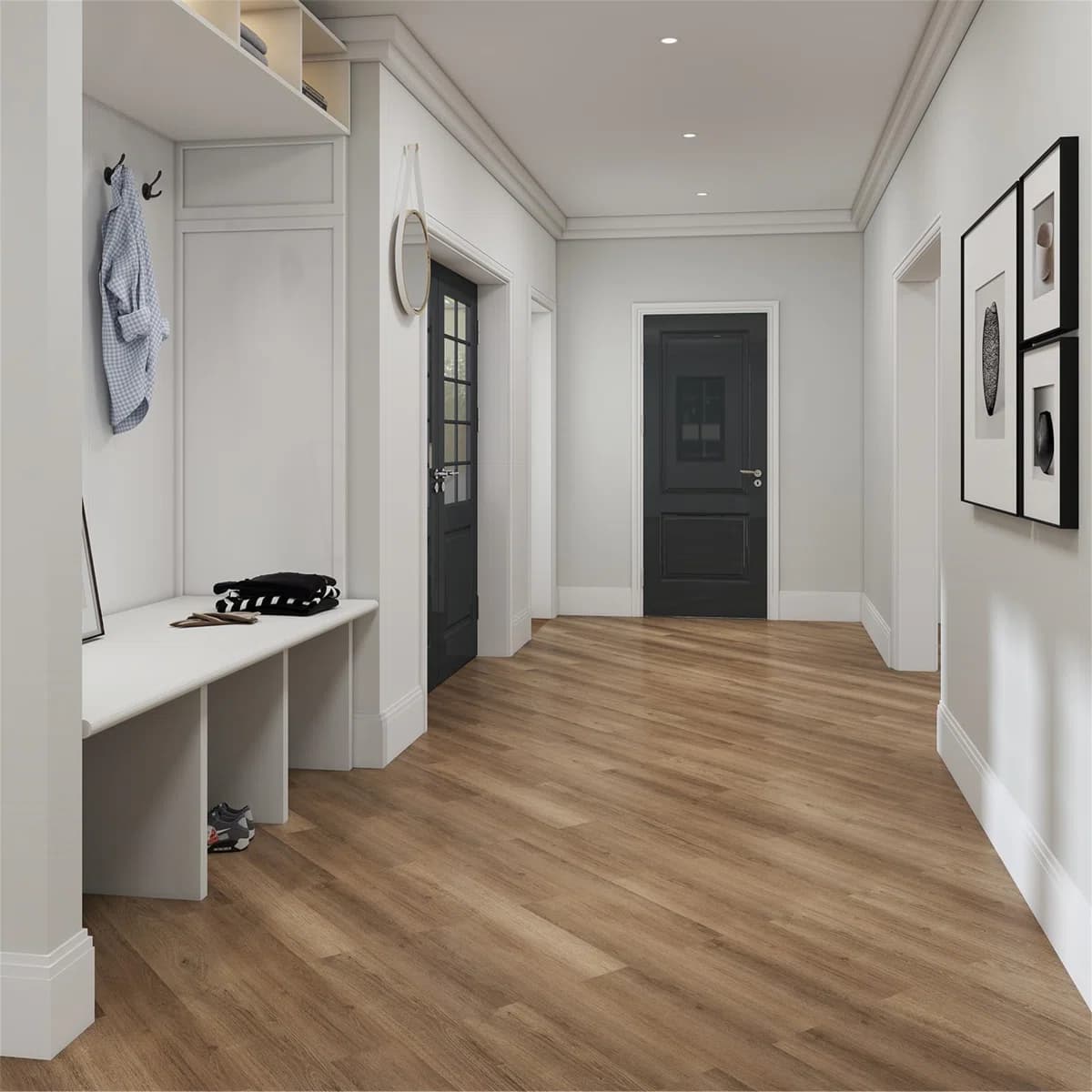 Laminate floor fitted neatly in a hallway with trims
