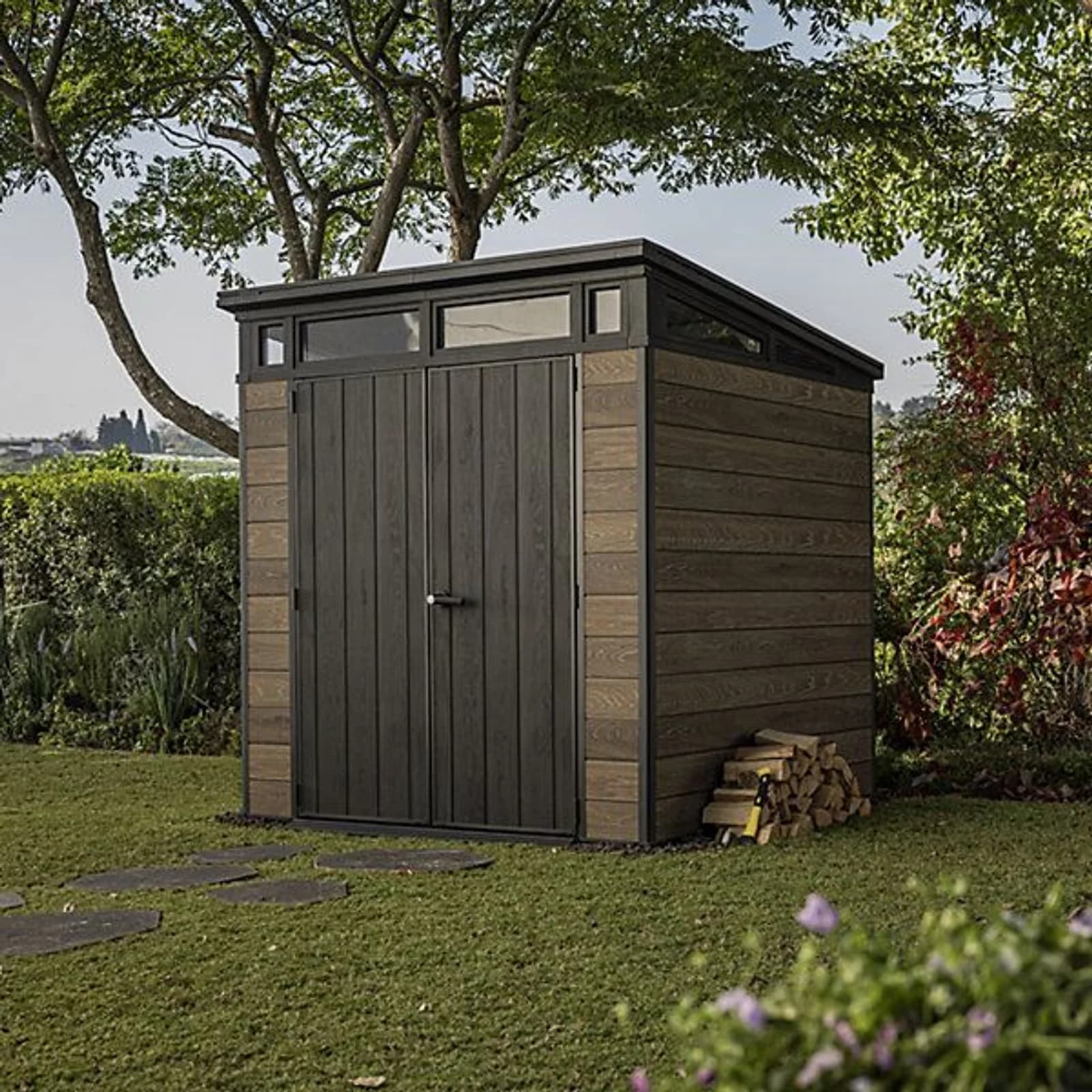 Keter Signature Decocoat 7x7 Ft Pent Walnut Plastic 2-door Shed