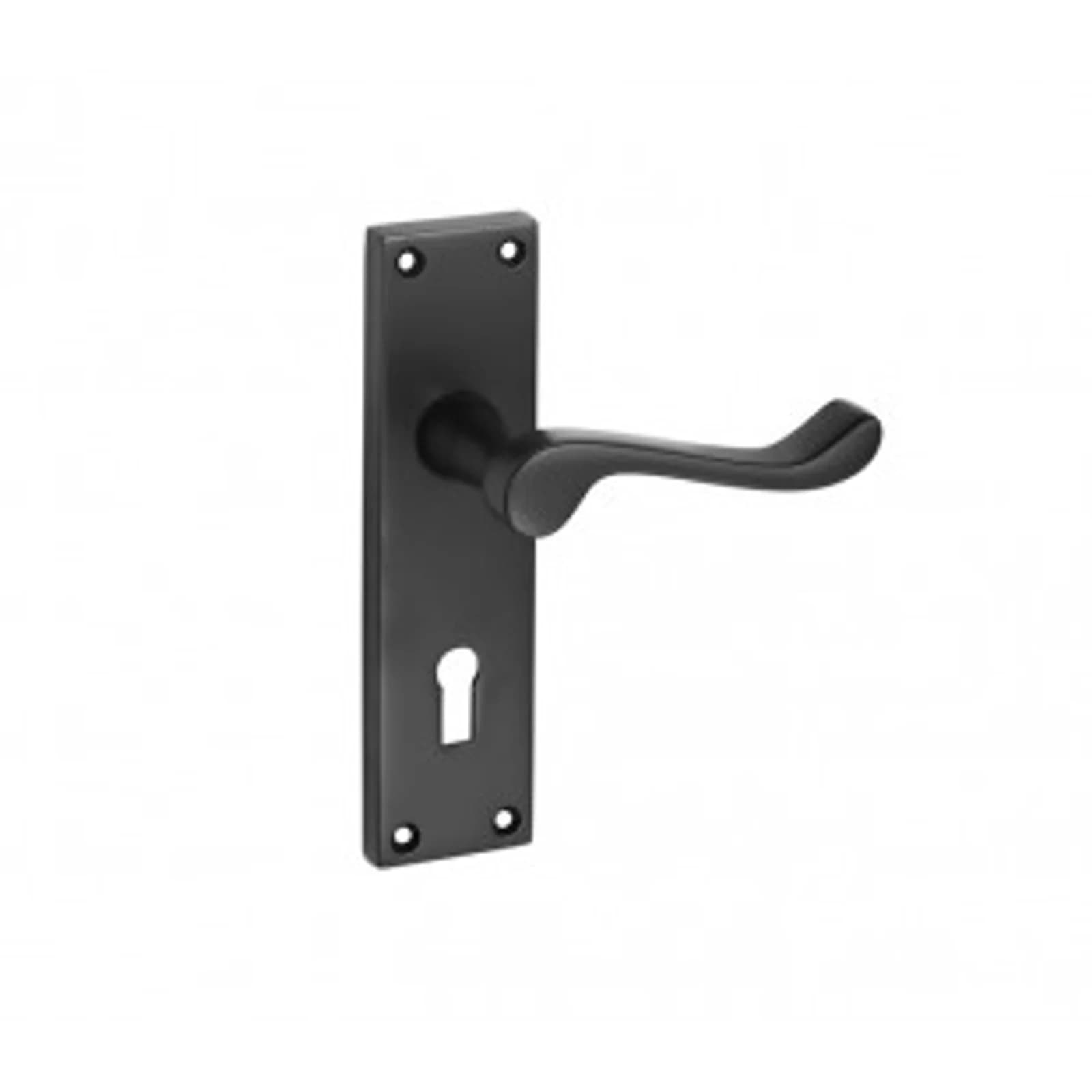 Matte Black Door Handles With Victorian Scroll On Lock Backplate