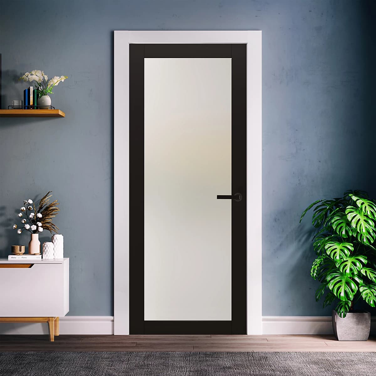 Fortia 1 Lite Shaker Frosted Fully Glazed Black Internal Softwood Door, (h)1981mm (w)762mm (t)35mm