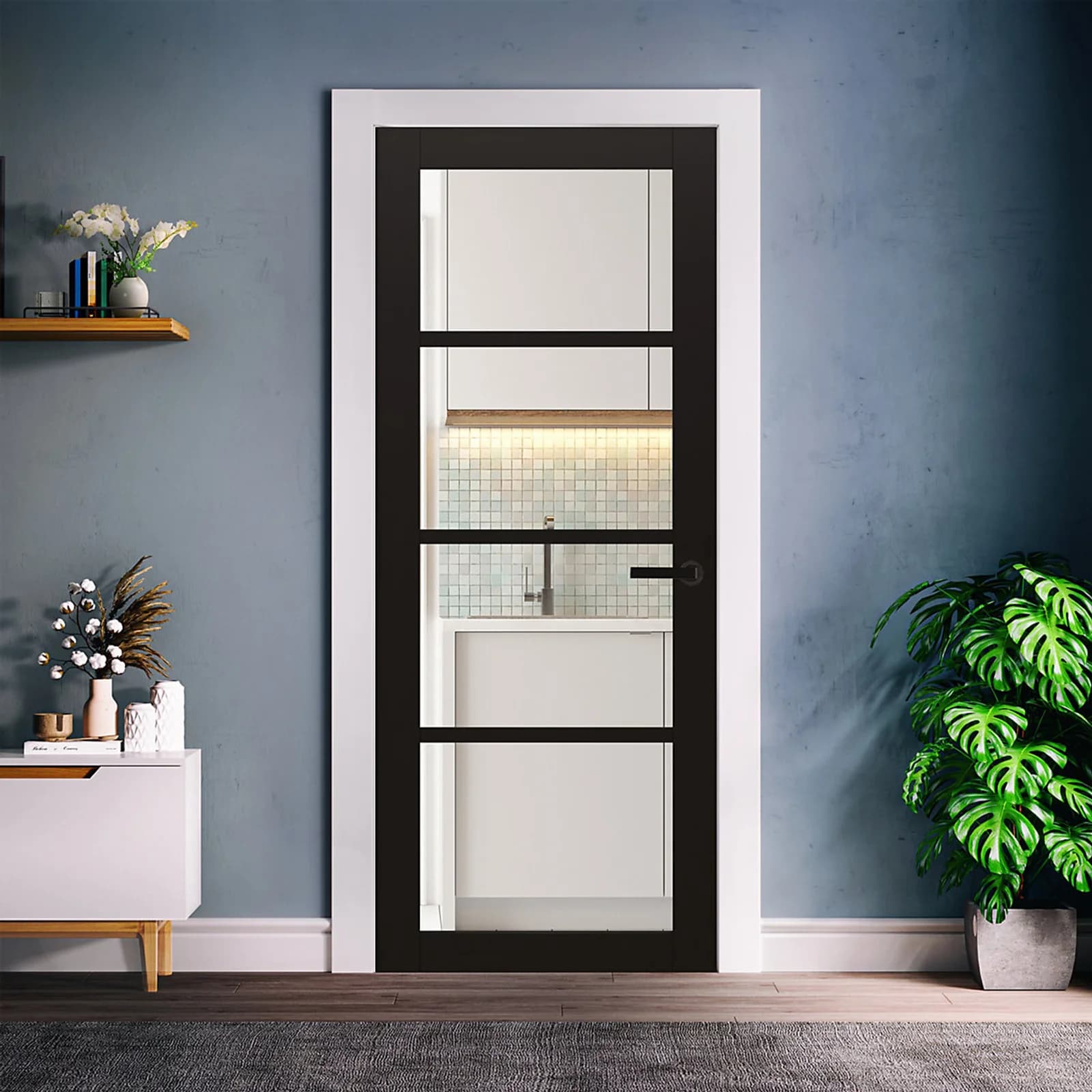 Fortia 4 Lite Shaker Clear Fully Glazed Black Internal Softwood Door