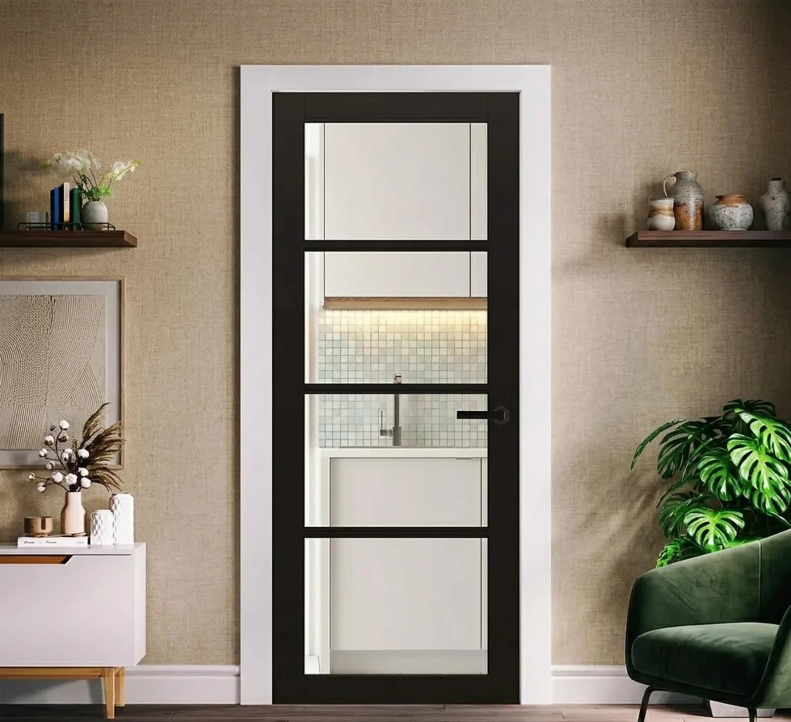Fortia 4 Lite Shaker Clear Fully Glazed Black Internal Softwood Door