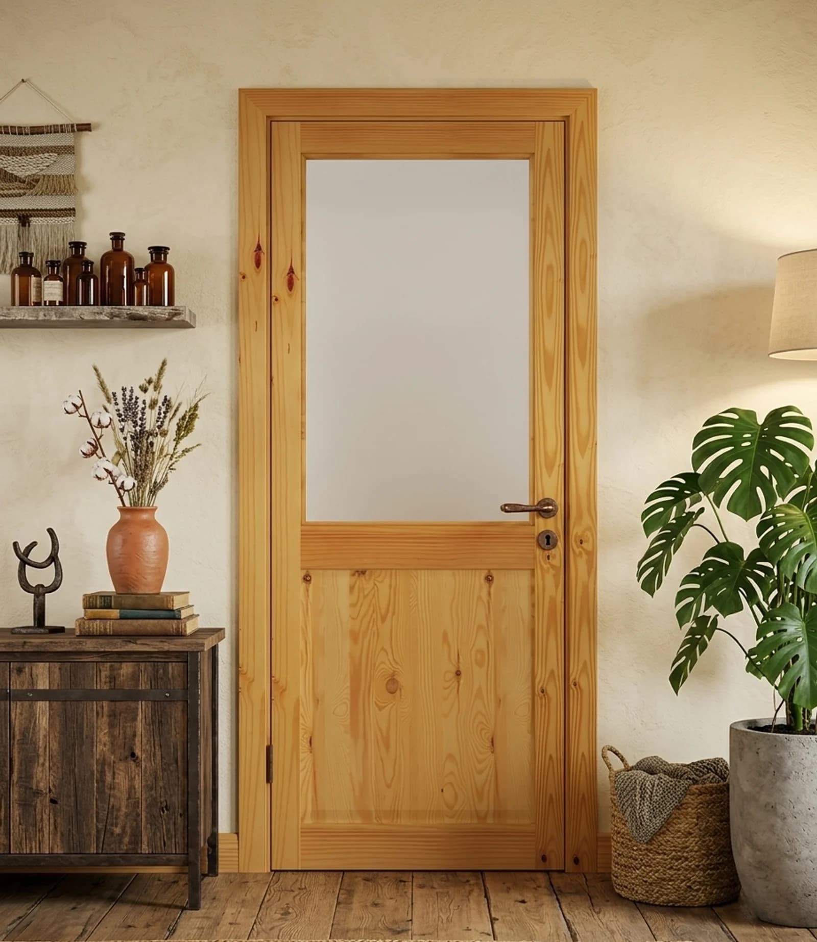 Pine Veneer External Back Door With 2 Glazed Panels