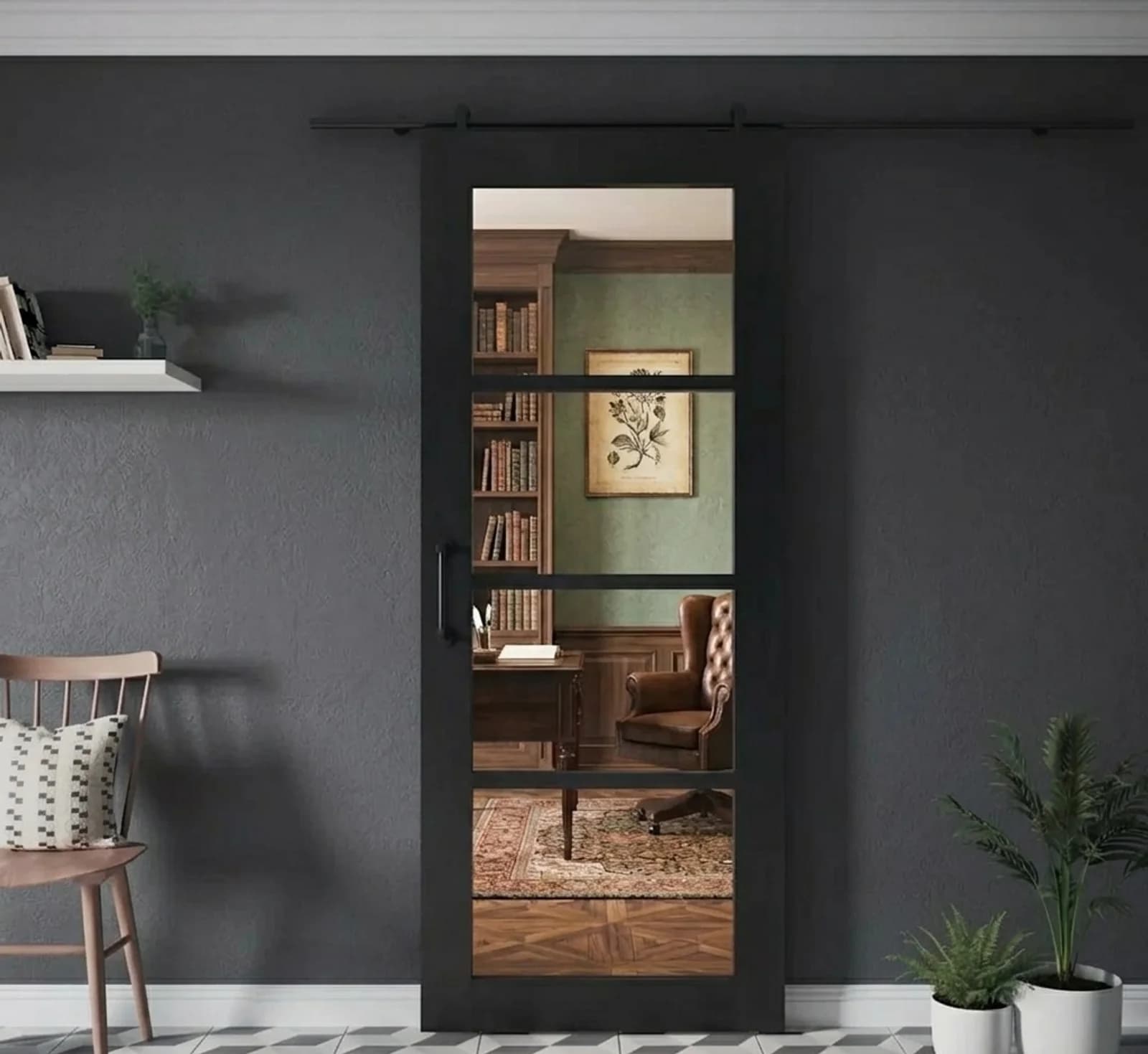 Clear Fully Glazed Industrial Black Softwood Pine Veneer Internal Sliding Door