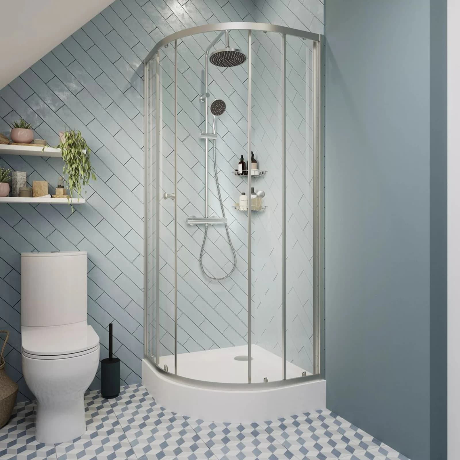 Arkell Framed Clear Glass Silver Effect Quadrant Shower Enclosure - Corner Entry Double Sliding Door
